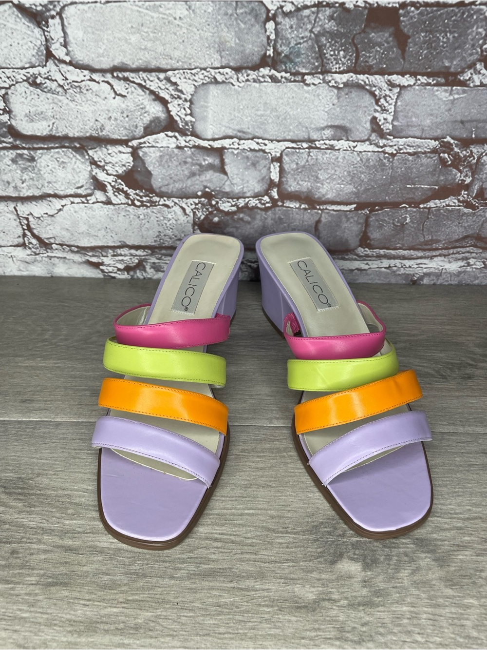 Calico Pastel Rainbow Purple Orange Pink Leather Strappy Block Heels women sz 10